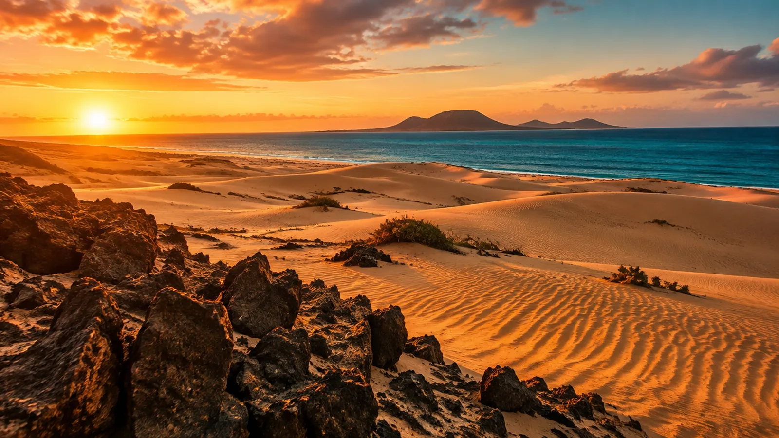 Visualización artística de un campo de dunas en hora dorada, con roca volcánica oscura, mar turquesa y una isla en el horizonte