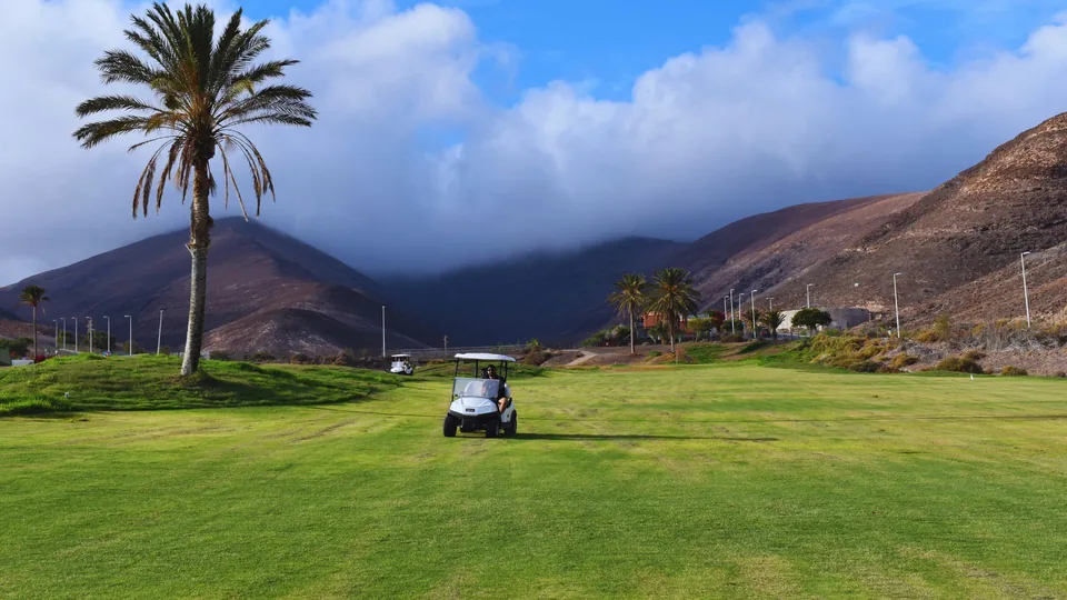 Golf cart on the course with palms and mountains