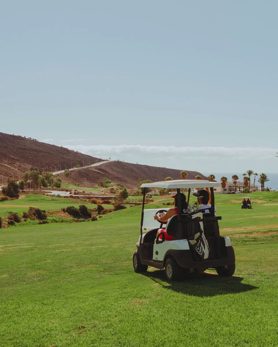 Players seen from behind in a golf cart